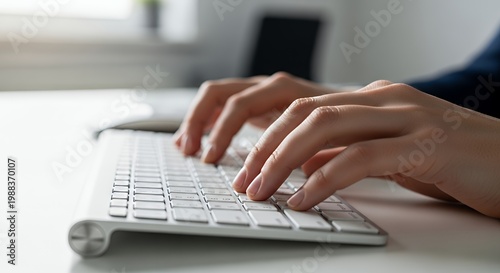 Business Woman Hands Typing on Computer Keyboard Writing Email at Desk in Modern Corporate Office Environment Background