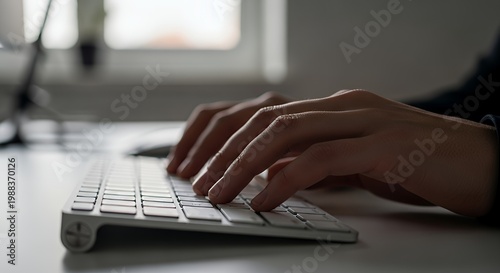 Close Up Person Hands Typing on Modern Wireless Keyboard in Office Workspace for Business Professional Productivity Concept