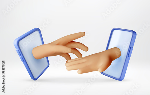 3D Two hands reaching out from digital smartphone screens to touch. Connection through mobile technology and virtual communication. Social networking or online human relationship. Vector illustration