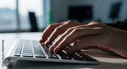 Copywriter Hands Typing on Slim Keyboard for Content Creation Digital Marketing and Professional Journalism Work Concept