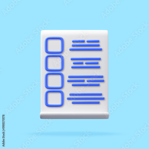 3d checklist icon with checkbox squares and lines of text. To do list symbol for task management and project planning. Minimalist digital graphic for business interface design. Vector illustration