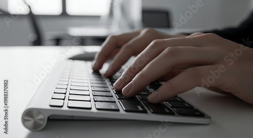 Executive Hands Typing Business Strategy on Keyboard with Soft Lighting for Corporate Success and Management Concept