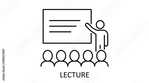 Lecture presentation with speaker and audience, educational icon, black line style