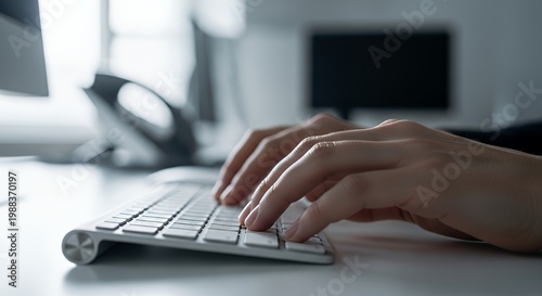 Female Freelancer Hands Typing on Laptop Keyboard Working from Home Office Desk in Soft Natural Sunlight Creative Workspace