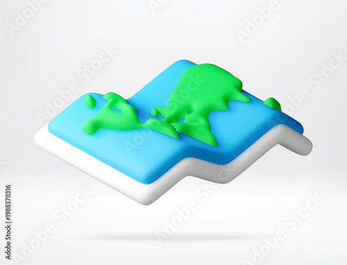 3d world map icon on an abstract zigzag platform. Global geography with floating continental shapes. Digital earth cartography design for education and travel navigation websites. Vector illustration