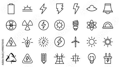 Sixty energy and electrical line icons are presented with minimalist white outlines on a uniform black background designed for technical interfaces.