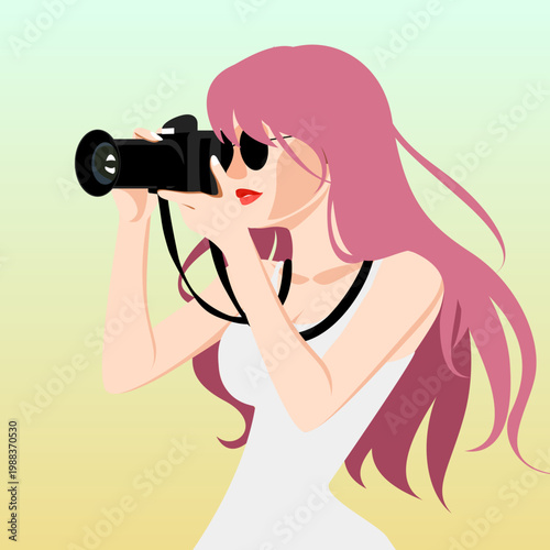 Young woman photographer with pink hair holding camera, flat vector illustration.