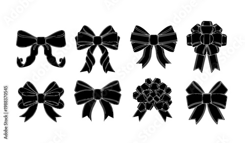 Black ribbon bow vector set with white outline decorative gift bows elegant packaging and craft design elements