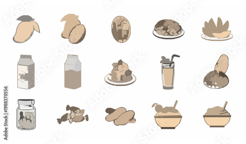 Mango fruit outline icons set with slices cubes juice milkshake candy and tropical food line illustration