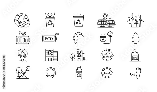 Environmental outline icons set with recycling solar wind energy eco lifestyle and sustainability symbols vector