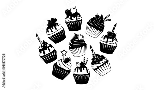 Stylized black and white cupcake silhouette collection with decorative toppings for party and bakery designs