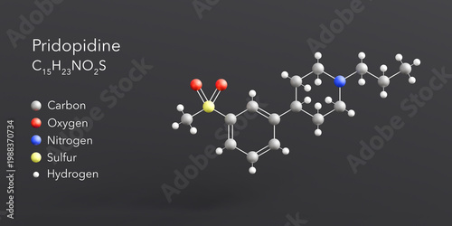 Bilde på lerret pridopidine molecule 3d rendering, flat molecular structure with chemical formul