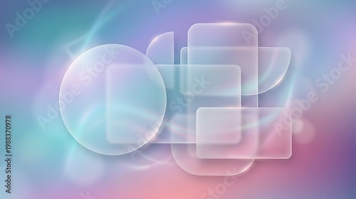Glassmorphism abstract shapes with transparency and blur, soft lighting, modern UI background
