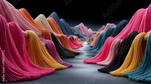 Colorful strands create a dynamic landscape of texture and movement in an artistic display