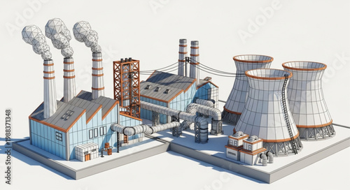 Industrial Power Plant Complex with Cooling Towers and Smokestacks.