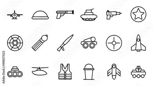 A set of sixty minimalist white vector icons depicting individual soldier equipment and tactical gear is presented on a solid black background.