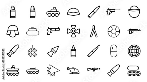 Sixty sharp white outline icons representing various firearms and explosive weaponry are arranged in a structured grid on a deep black field.