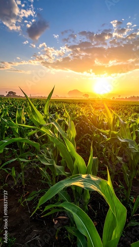Golden sunrise over vibrant green cornfield