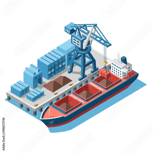 Isometric Cargo Ship with Crane and Containers at Port.