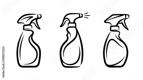 Black and white illustration of spray bottles for cleaning purposes.
