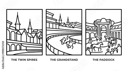 Black and White Line Art Depicting Horse Racing Scenes.
