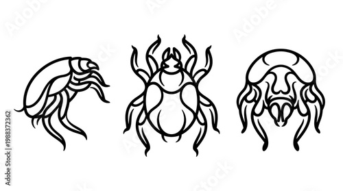 Black and White Line Art Illustrations of Various Insects.