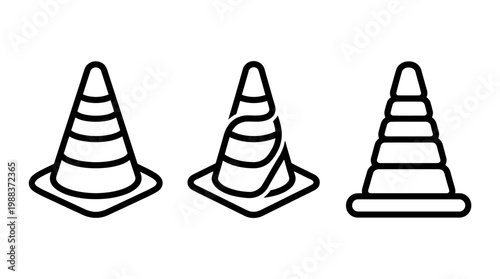 Black and white line art of three traffic cones for safety.