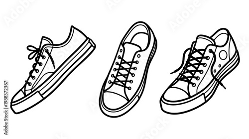 Black and White Line Art Sneakers Isolated on White Background.