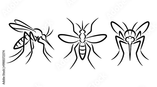 Black and White Mosquito Vector Illustrations on White Background.