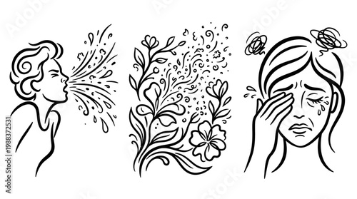 Artistic Illustrations Depicting Allergy Symptoms, Floral Elements, and Emotional Distress.