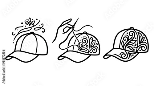 Artistic Illustrations of Baseball Caps with Decorative Floral Embroidery.