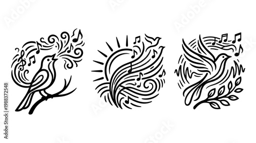Artistic Illustrations of Singing Birds with Musical Notes and Designs.