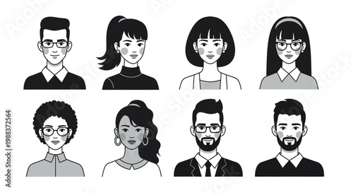 Flat illustration of eight diverse cartoon-style people icons in black and white against a clean background.