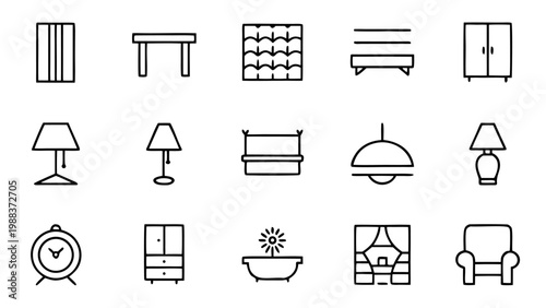 A set of sixty-five minimalist white line icons depicting various home furniture and interior decor items on a solid black background for apps.