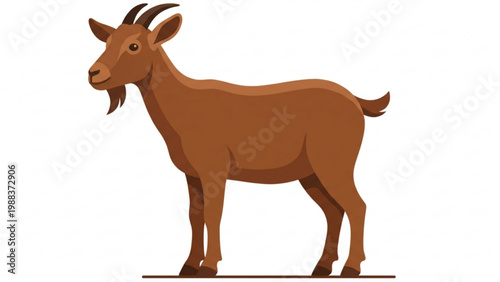 Brown Goat Standing Full Length Side View Flat Vector Illustration