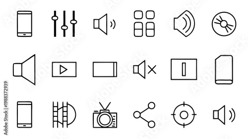 A set of seventy-two thin white outline icons depicting mobile phone functions and smartphone user interface elements on a solid dark background.