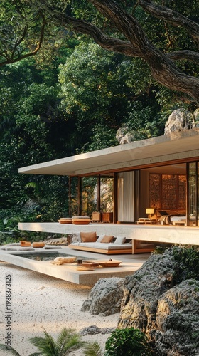 Tropical modern house nestled in lush jungle, overlooking beach