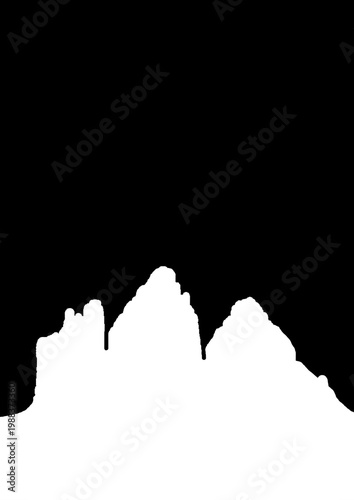 Drei Zinnen White mountain profile on black background, minimalist A4 vertical layout, inverted skyline silhouette