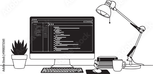 Computer desk with monitor keyboard mouse lamp books