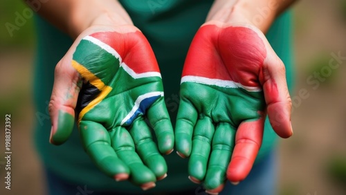 A person's hands painted with the South African flag, ideal for patriotic or cultural-themed projects