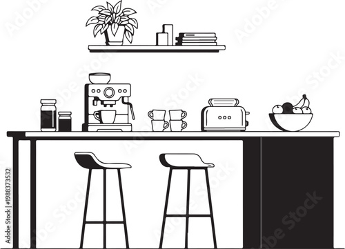 Kitchen counter with coffee maker and stools and shelf