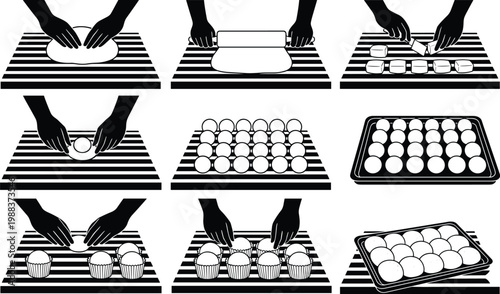 Black silhouette collection of hands performing various baking steps including kneading dough rolling with a pin cutting pieces and placing muffins into baking trays.