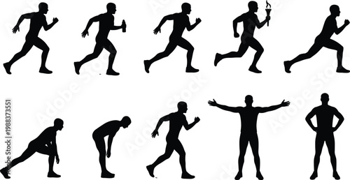 Black silhouette collection of male athletes running sprinting and stretching including a runner holding a torch and a winner celebrating isolated on white background.