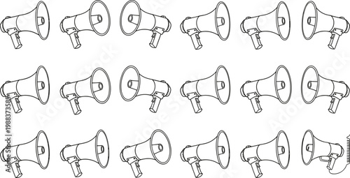 Collection of black and white line art megaphone icons and loud speaker silhouettes in various angles isolated on white background for marketing announcements and communication design.