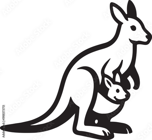 A striking black and white illustration depicts a mother kangaroo with a joey nestled securely within her pouch