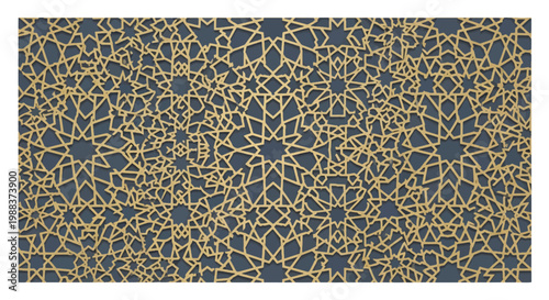 Islamic geometric pattern in gold line art, traditional arabic star ornament on dark blue background, elegant oriental mosaic vector illustration