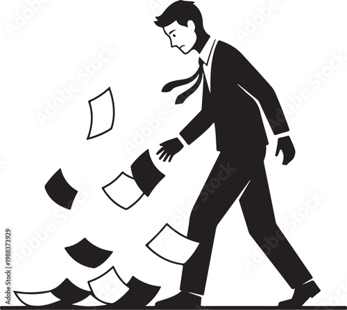 Man in black suit throwing papers