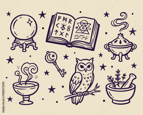 Vintage mystical illustration featuring crystal ball open book owl and magical objects in enchanting atmosphere
