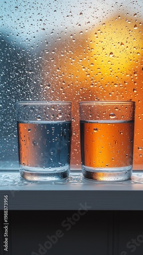 Two glasses of water on a windowsill, rain drops on glass, vibrant sunset