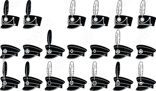 Collection of Native American chief silhouettes in traditional war bonnets and tribal attire performing various ceremonial dances isolated on white background for cultural and historical designs.